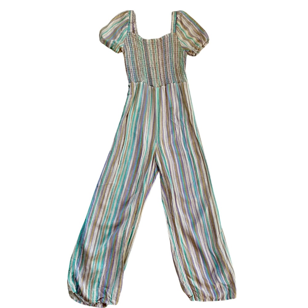 Art Class Girls Multi Stripe Smocked Puff Sleeve Wide Leg Jumpsuit‎ Size L 10/12